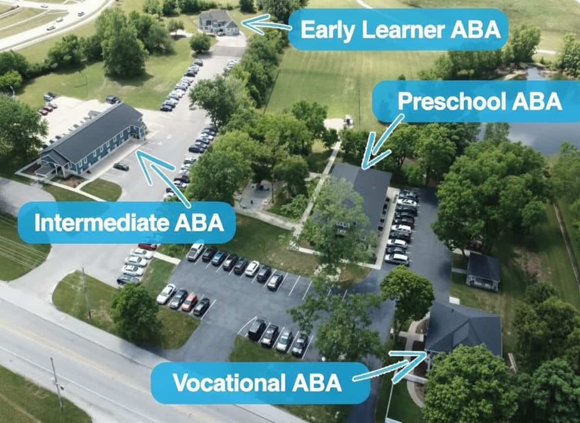Aerial map of the Brownsburg ABA campus showing the Early Learner, Preschool, Intermediate and Vocational ABA buildings